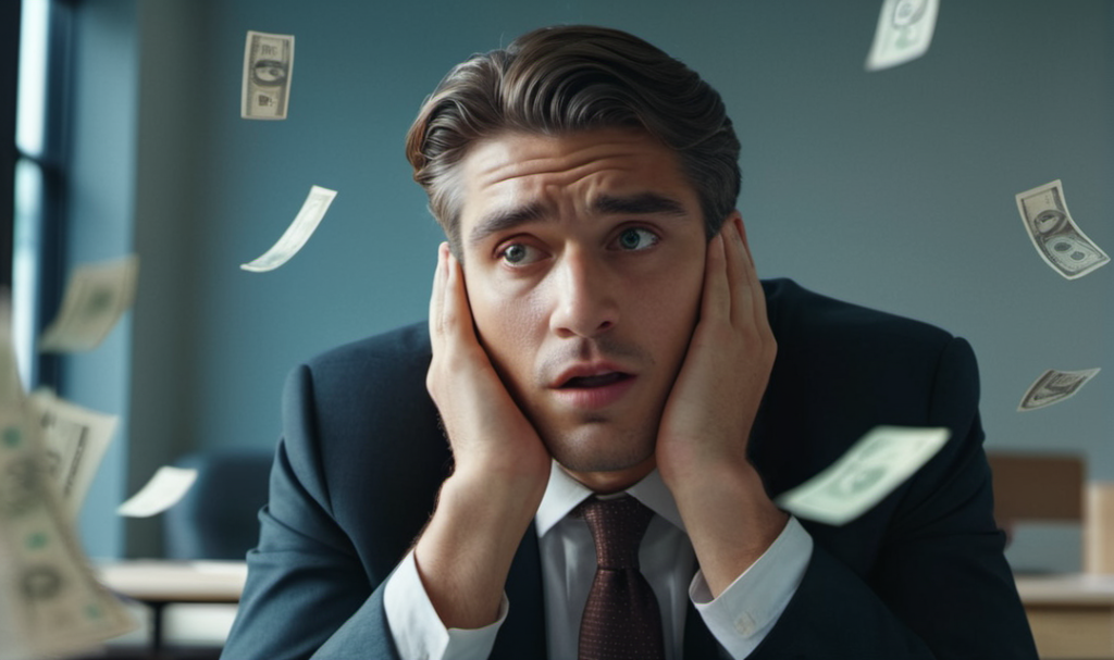 Worried Business Man With Hands On Face And Money Flying Around Him- Image Created By David Mathew Bonner An Edmonton Content Creator