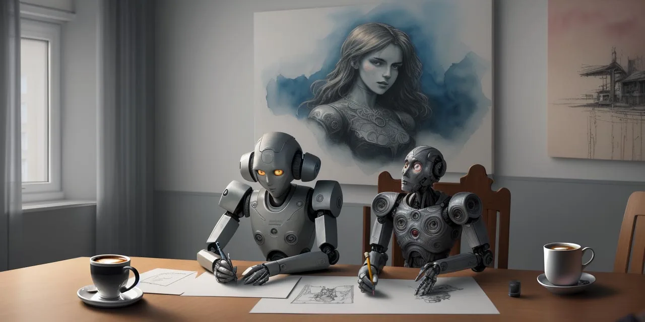 Two Robots Making Art And Drinking Coffee At A Dining Room Table. Image Created By Edmonton Videographer David Mathew Bonner