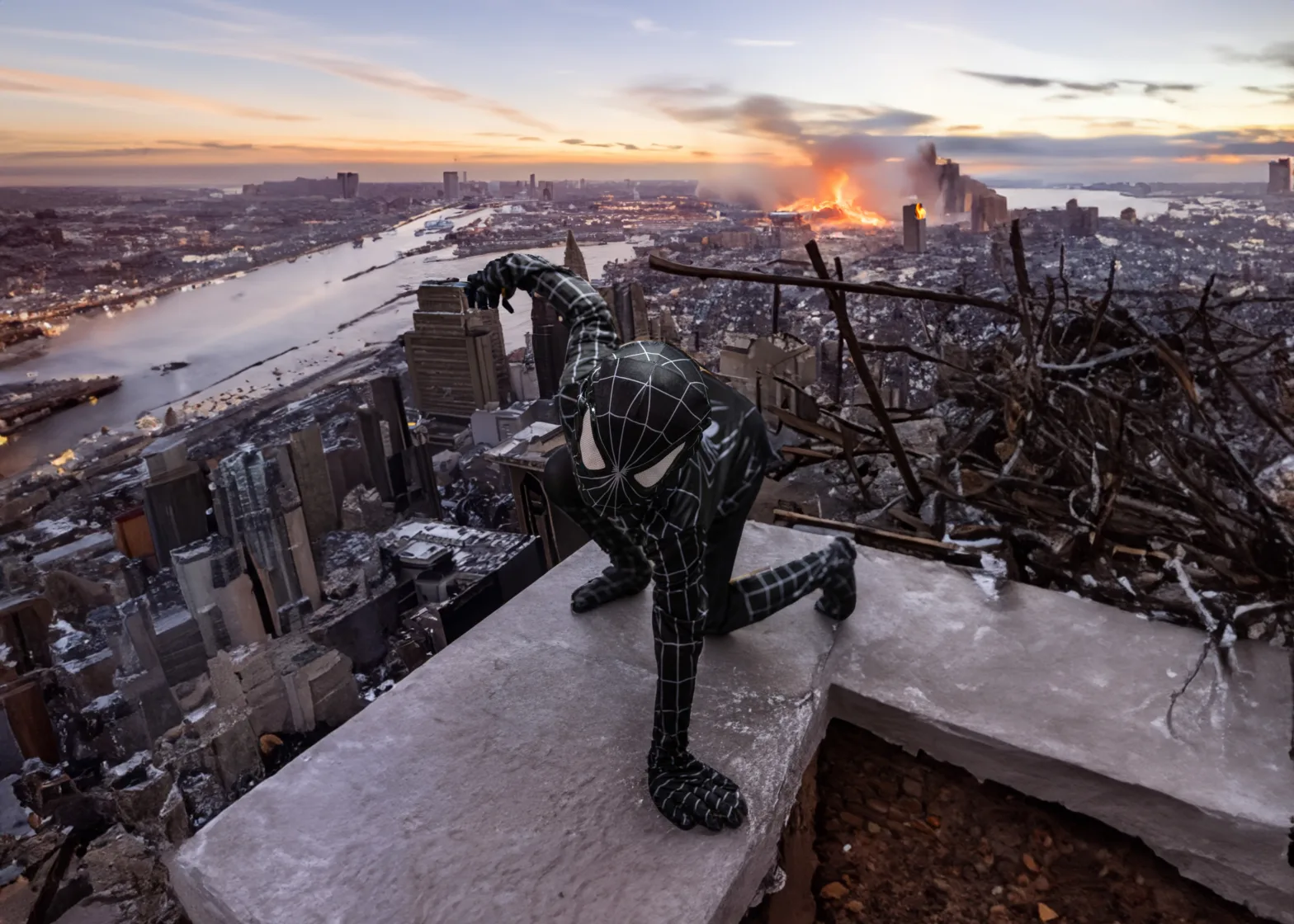My Son Dressed Up As Spiderman Edited With Photoshop Generative Art To Appear On A Rooftop In City That Is Being Destroyed