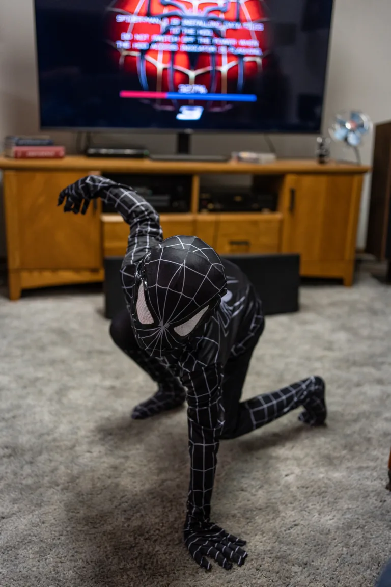 My Son Dressed Up As Spiderman In Our Basement
