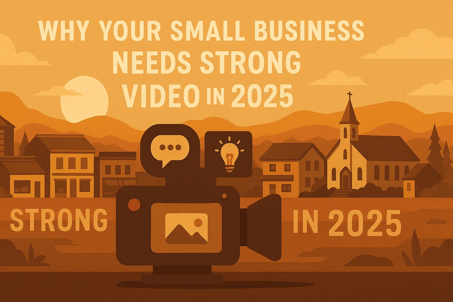 Flat illustration of an Alberta small business using video marketing in 2025, featuring a camera, tripod, and social media icons in a modern digital style