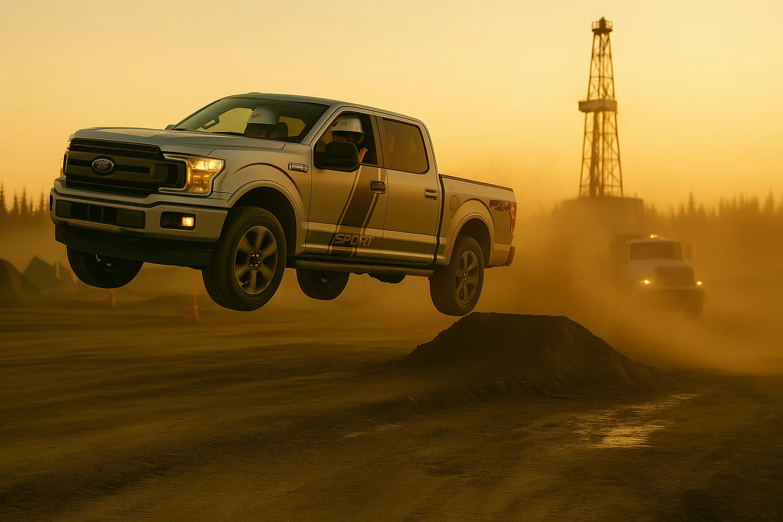 Monkey Boyz truck mid-jump near Alberta oil rig at sunset