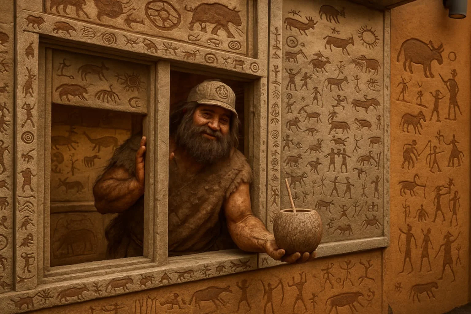 Prehistoric Drive-Thru Overview Wide cinematic view of a reimagined Alberta drive-thru scene in a prehistoric setting created with AI tools