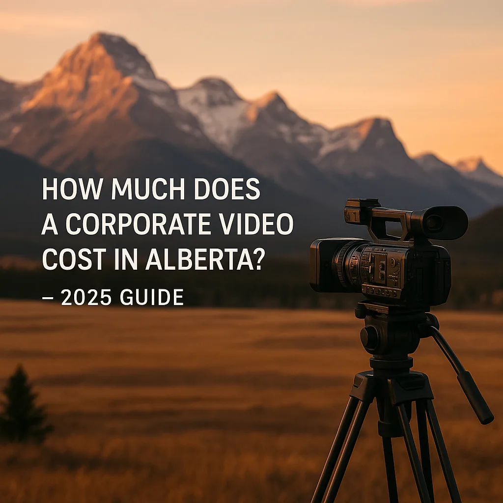 Professional video camera on tripod facing Alberta mountains at sunset – 2025 Guide to Corporate Video Costs in Alberta