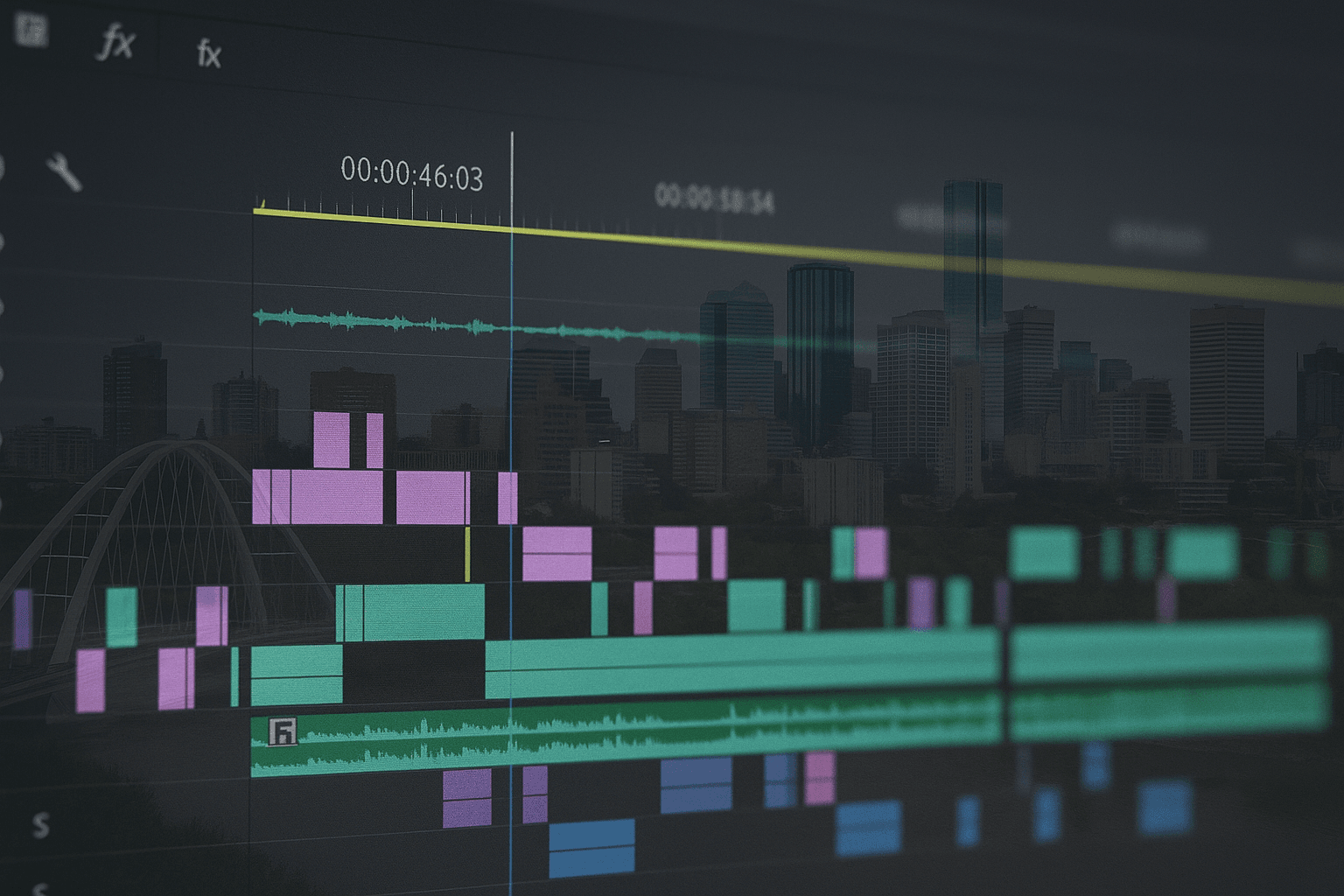 Seamless Video Editing Timeline with Edmonton Skyline Video editing timeline with colorful clips overlaid on Edmonton city skyline, representing seamless editing in videography.
