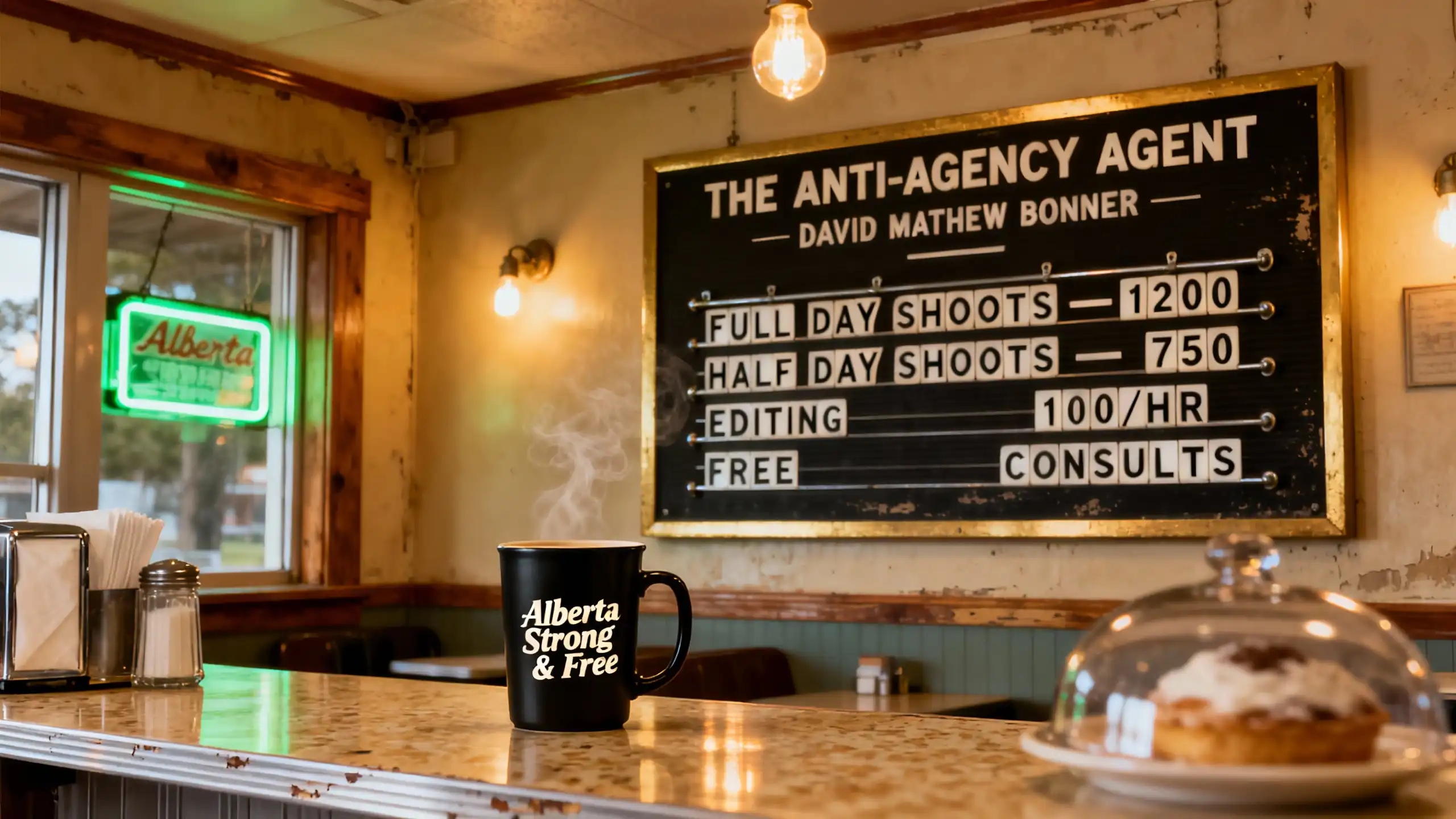 Cinematic Alberta café scene with glowing neon sign, steaming coffee mug, and vintage menu board showing Anti-Agency Agent pricing.