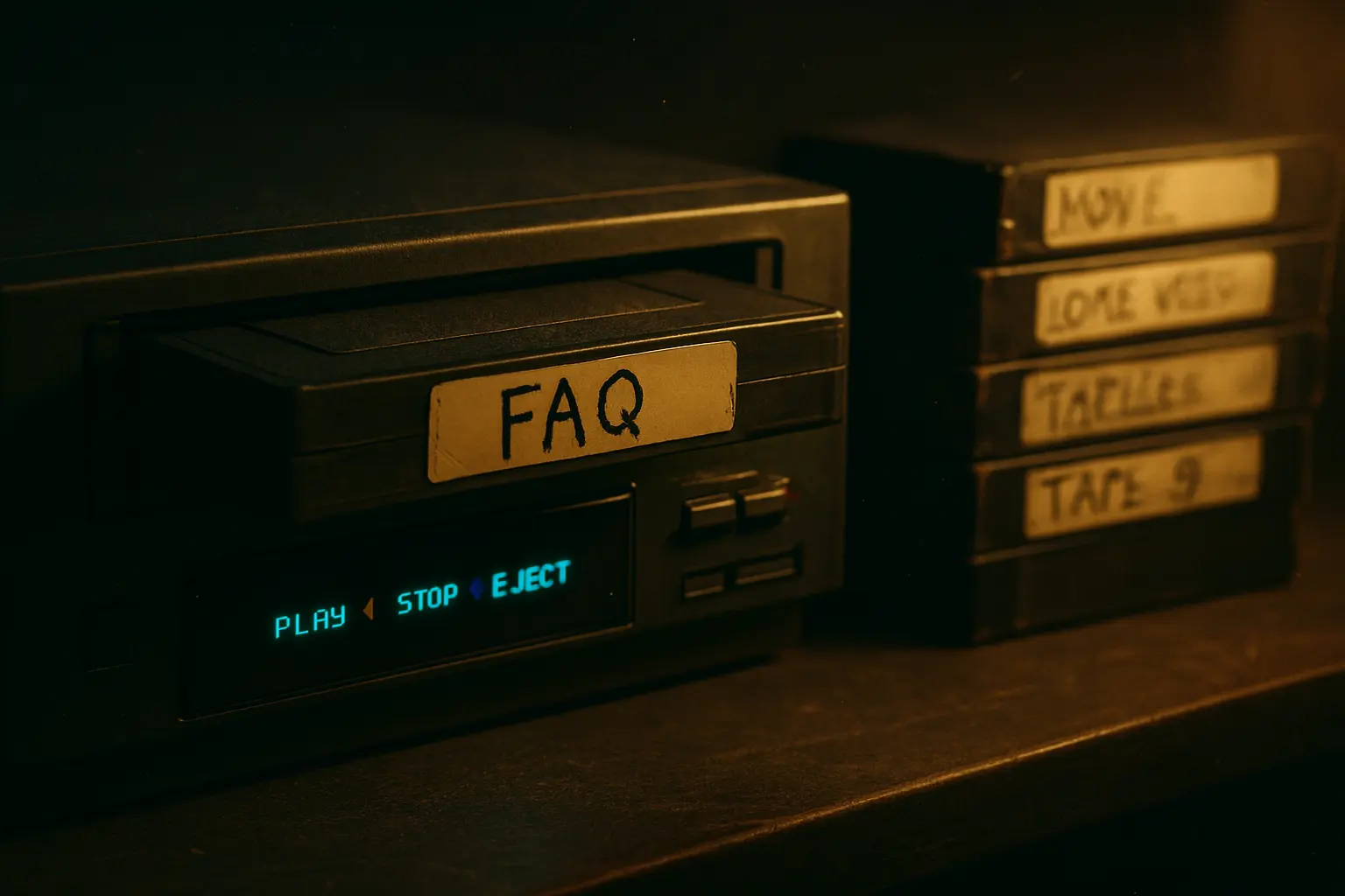 Retro VHS tape machine with a tape labeled FAQ being loaded, and a stack of other tapes beside it.