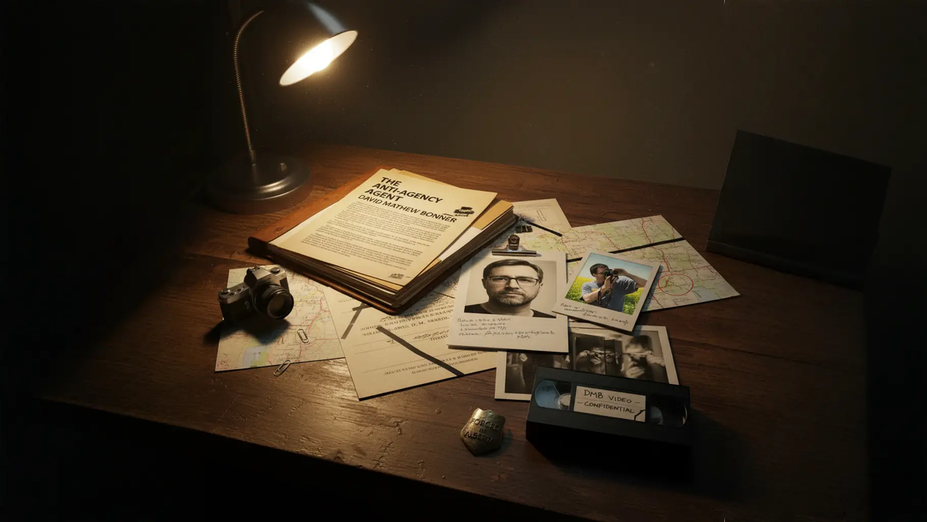 The Anti-Agency Agent dossier for David Mathew Bonner on a wooden desk with photos, maps, and a VHS tape labeled DMB Video Confidential.