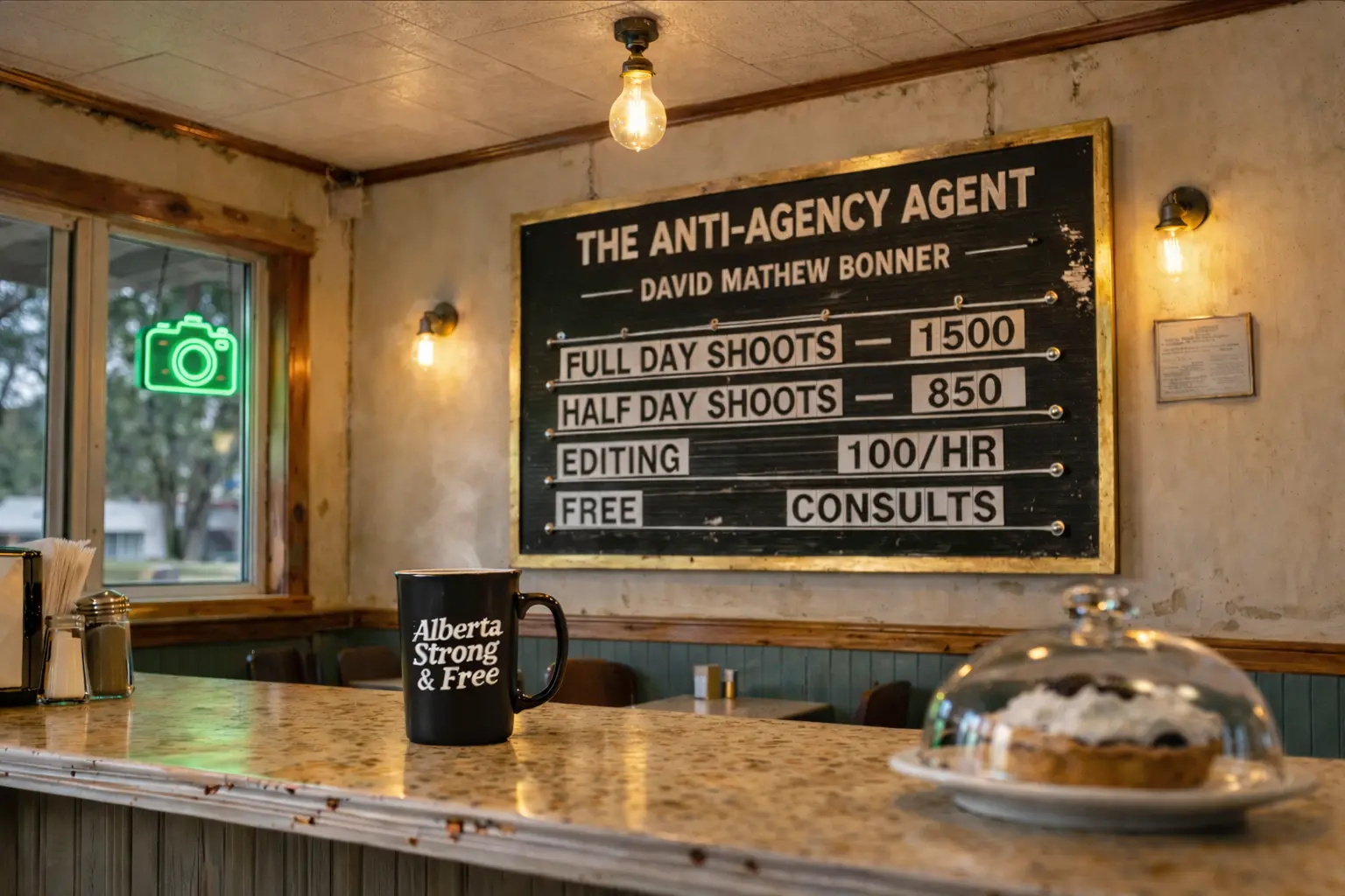 Cinematic Alberta café scene with glowing neon sign, steaming coffee mug, and vintage menu board showing Anti-Agency Agent pricing.