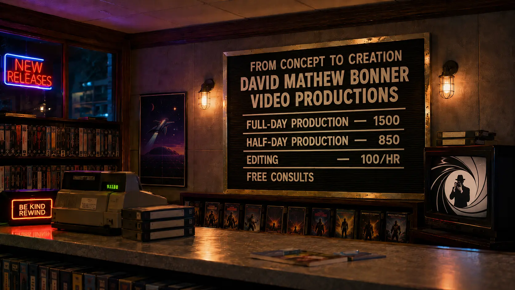 David Mathew Bonner Video Productions pricing board showing full-day, half-day and editing rates